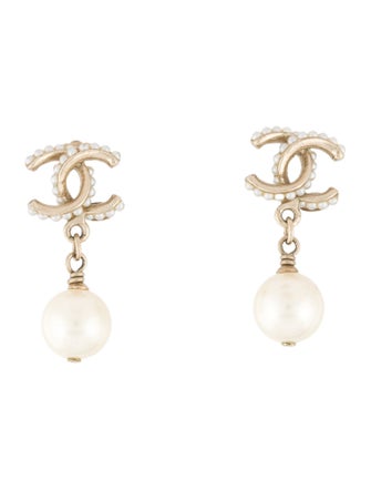 Chanel Faux Pearl CC Drop Earrings