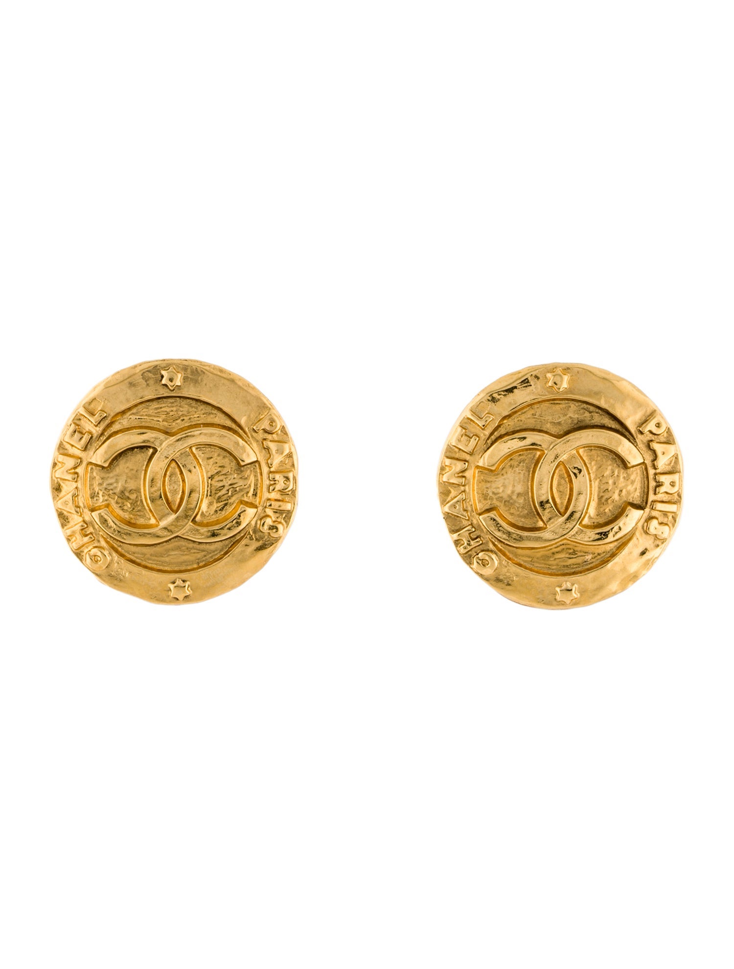 Chanel Vintage Paris CC Hammered Medallion Clip-On Earrings