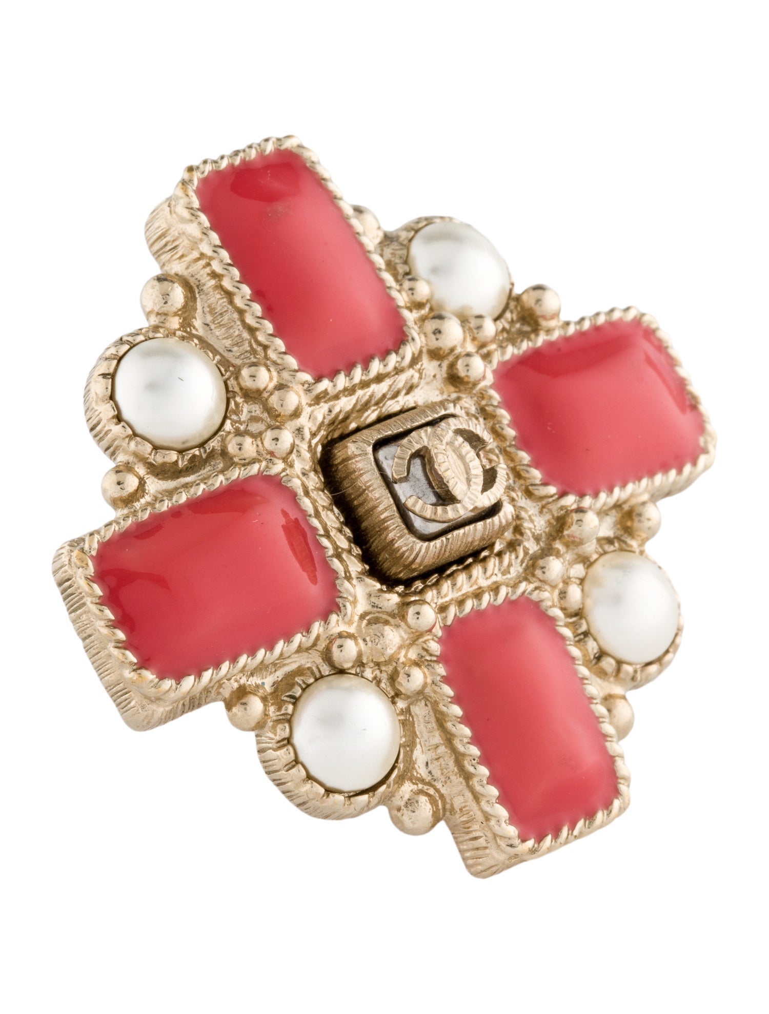 Chanel Faux Pearl & Enamel CC Cross Cocktail Ring