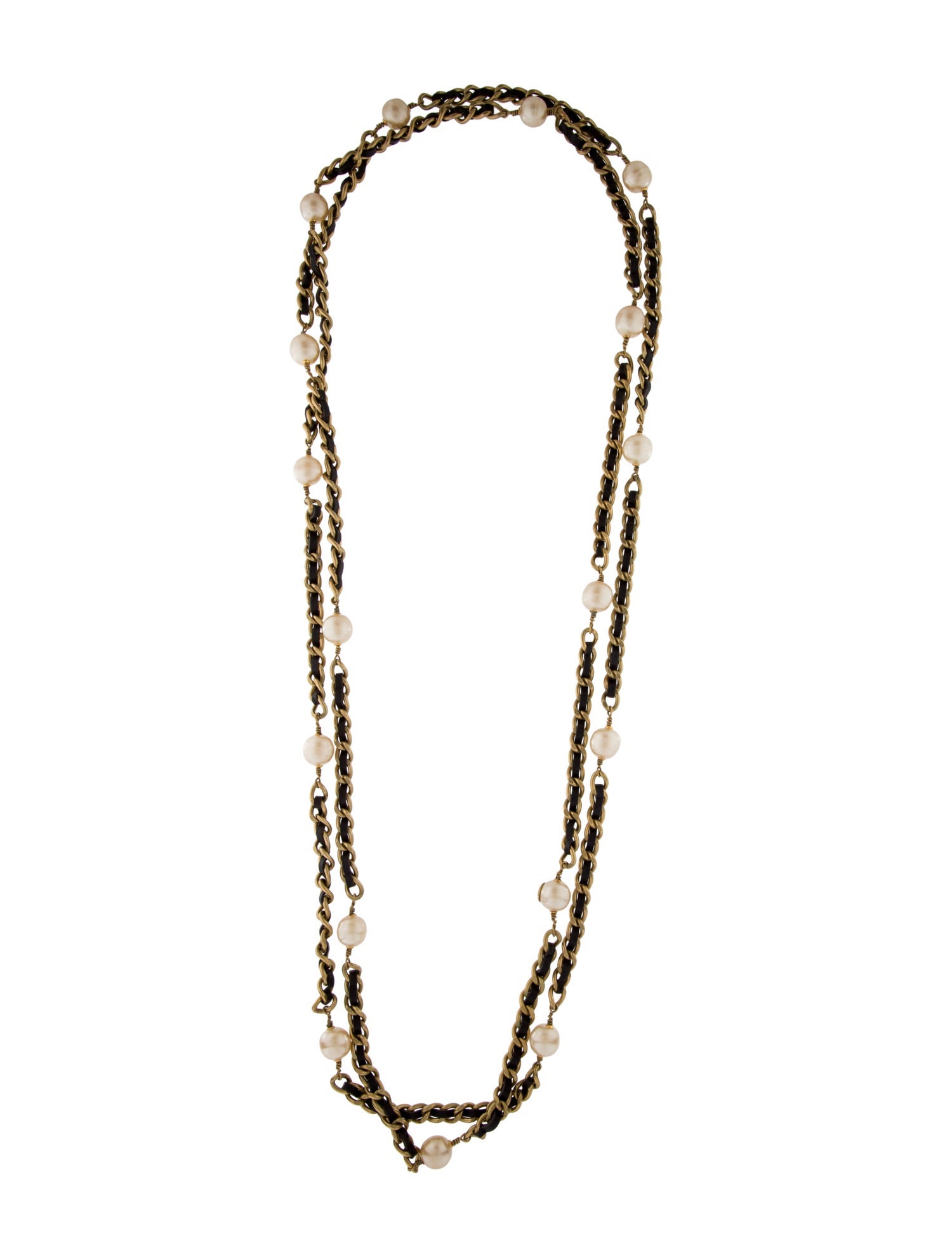 Chanel Vintage Faux Pearl & Leather Station Chain Necklace