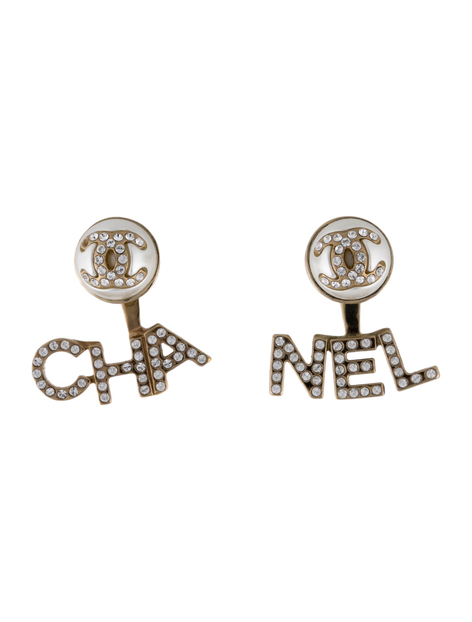 Chanel Faux Pearl & Strass 'CHA-NEL' Drop Earrings