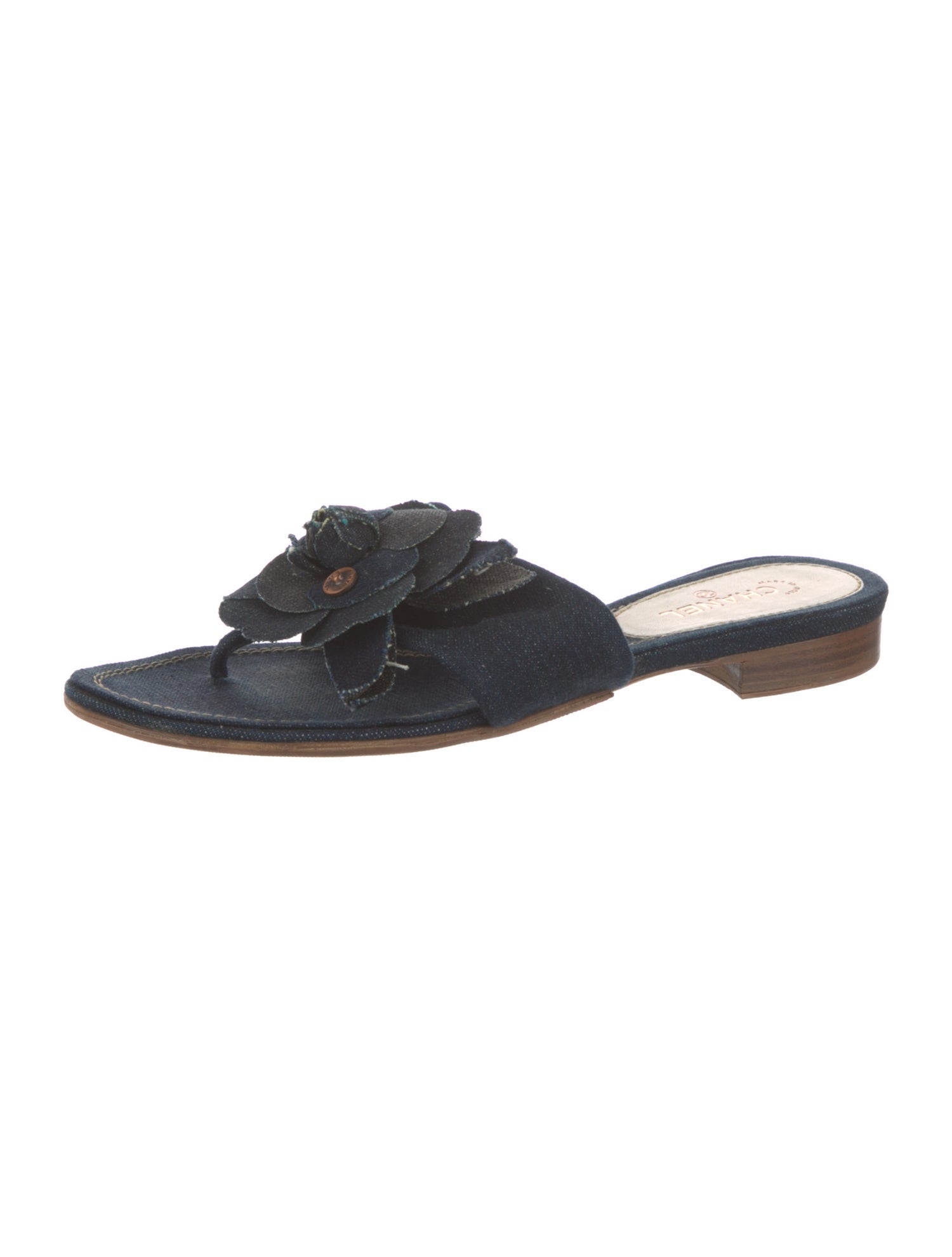 Chanel Camellia Accent Denim Slides
