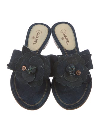 Chanel Camellia Accent Denim Slides