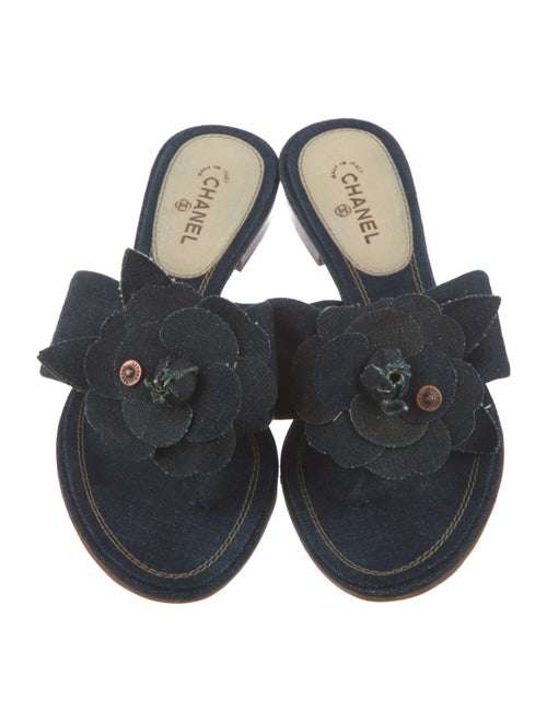 Chanel Camellia Accent Denim Slides
