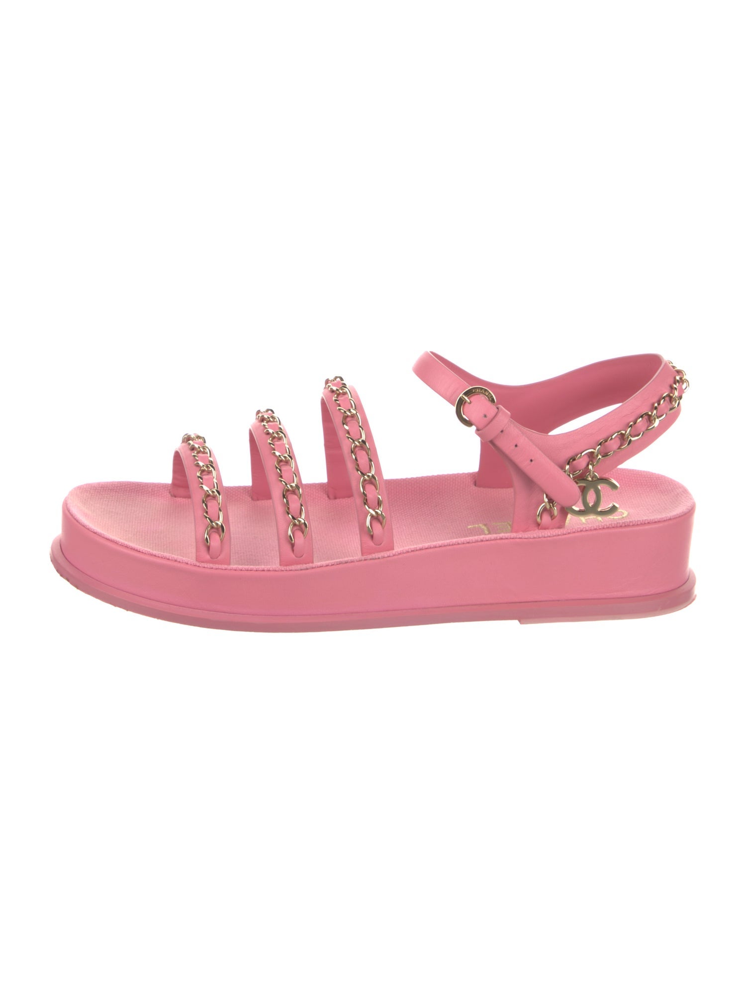 シャネル　CHANEL CAT WALK ♪ Chanel Gate No.5 'Dad' Interlocking CC Logo Slides - Pink