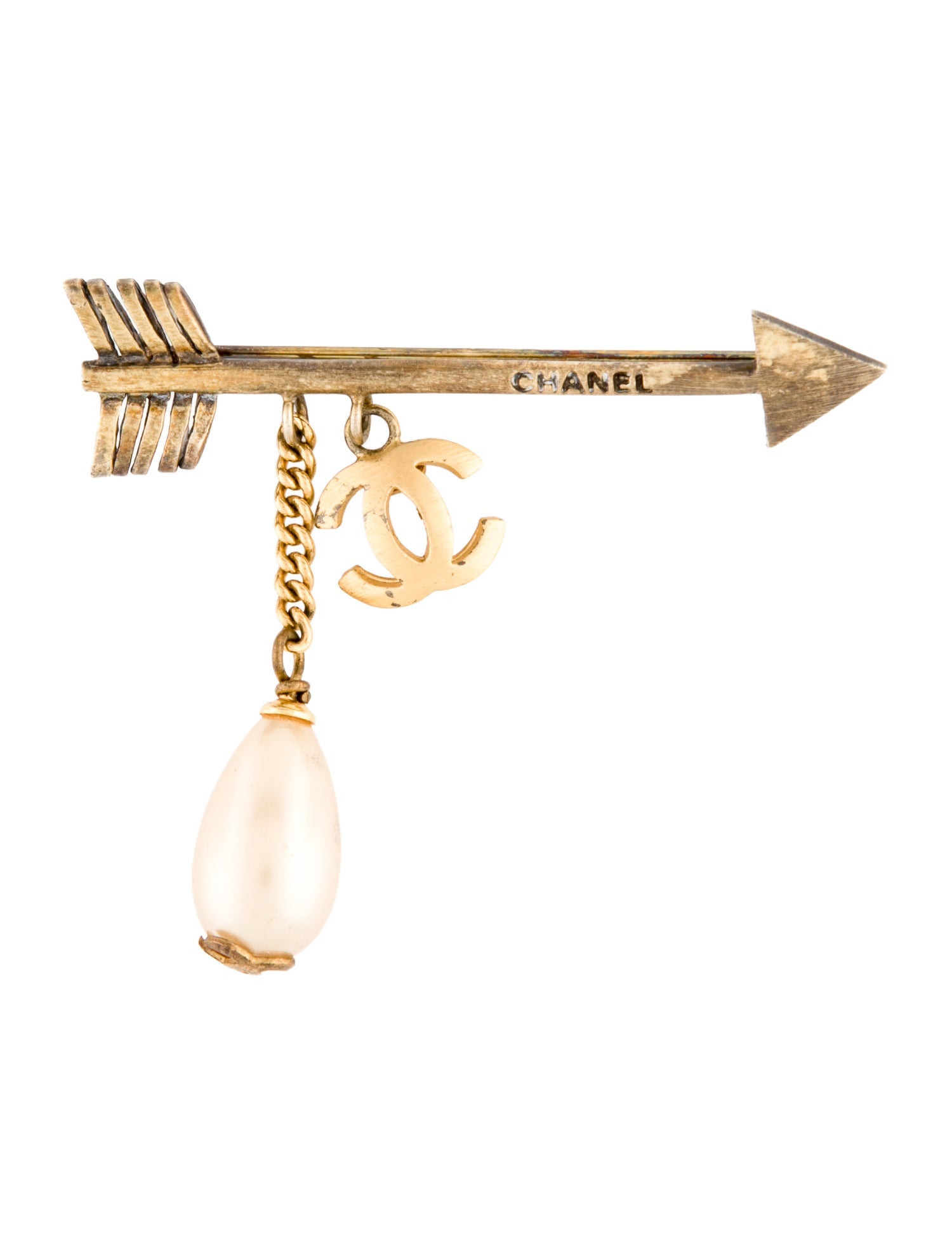 Chanel Faux Pearl CC Arrow Pin Brooch