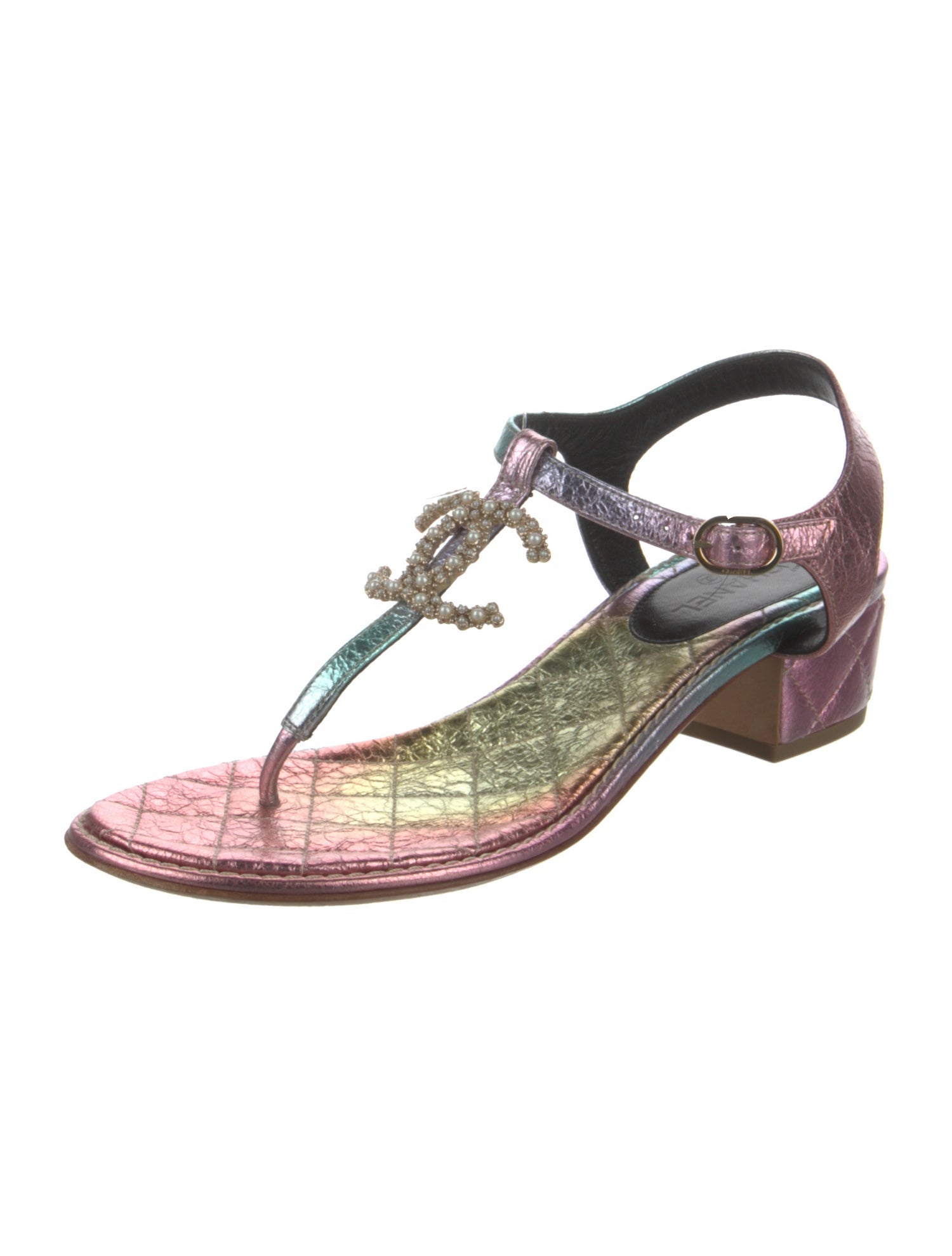 Chanel Interlocking CC Logo Leather T-Strap Sandals