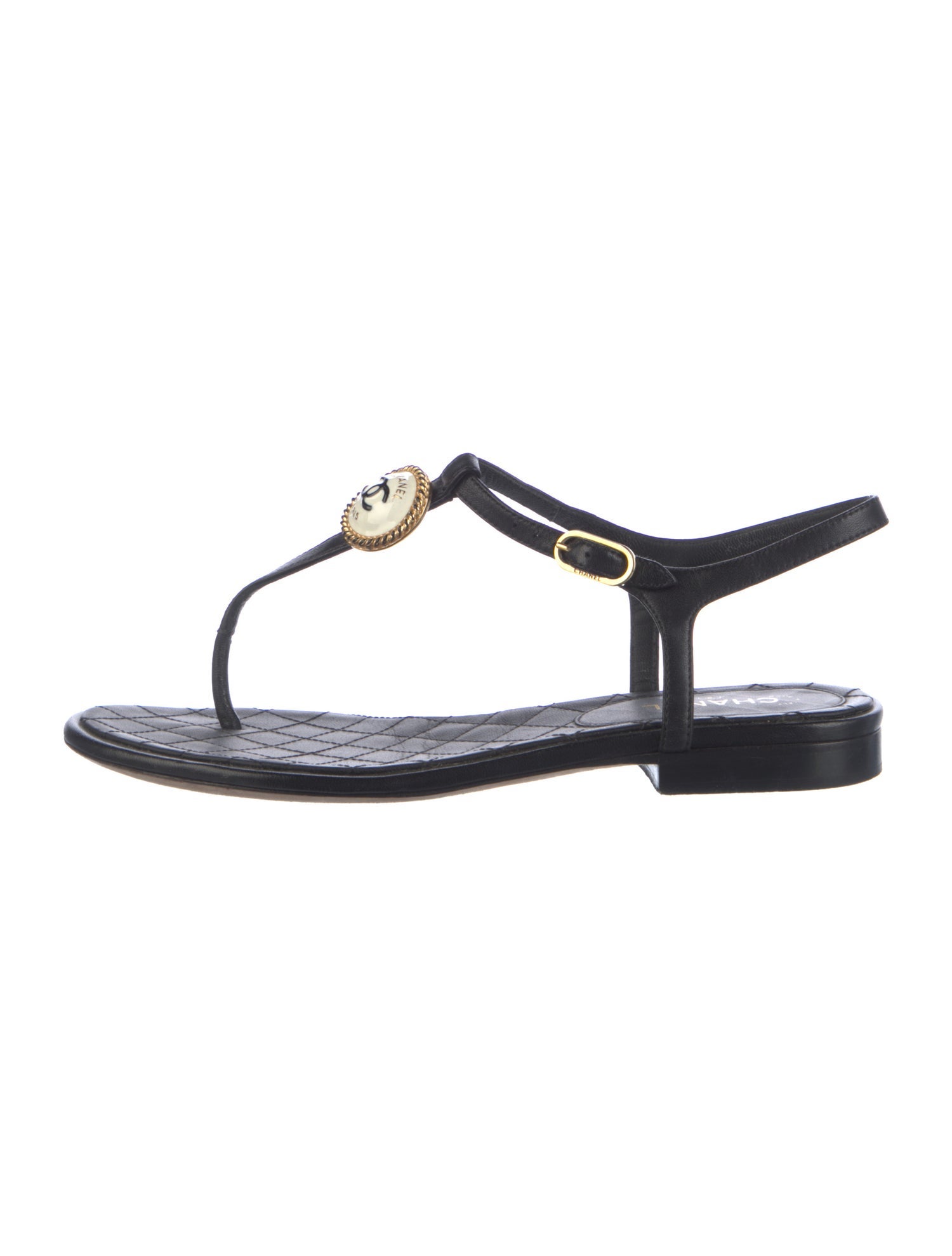 Chanel 2018 Interlocking CC Logo T-Strap Sandals - Black Sandals