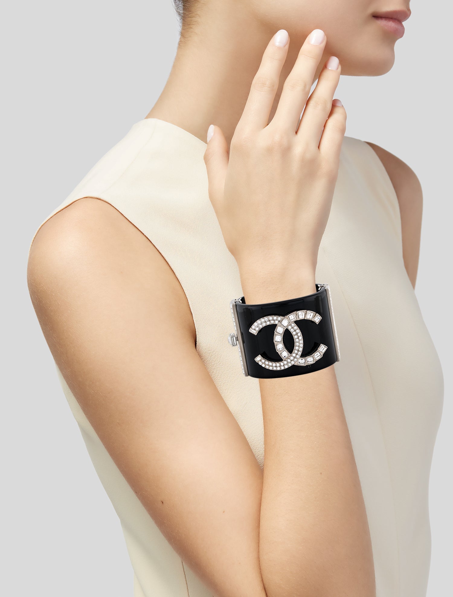 Chanel Strass & Resin CC Hinged Bangle Bracelet
