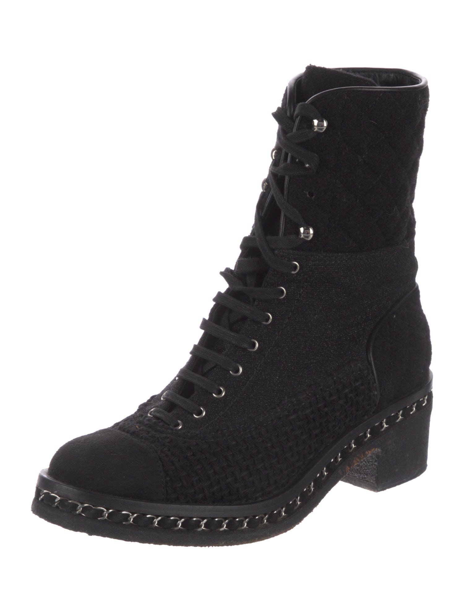 Chanel Quilted Pattern Tweed Combat Boots