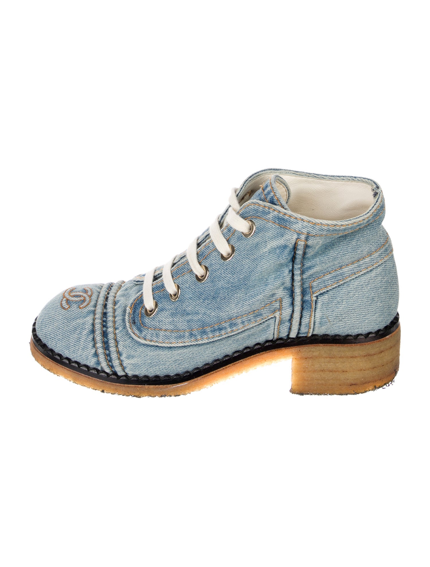 Chanel Interlocking CC Logo Denim Lace-Up Boots