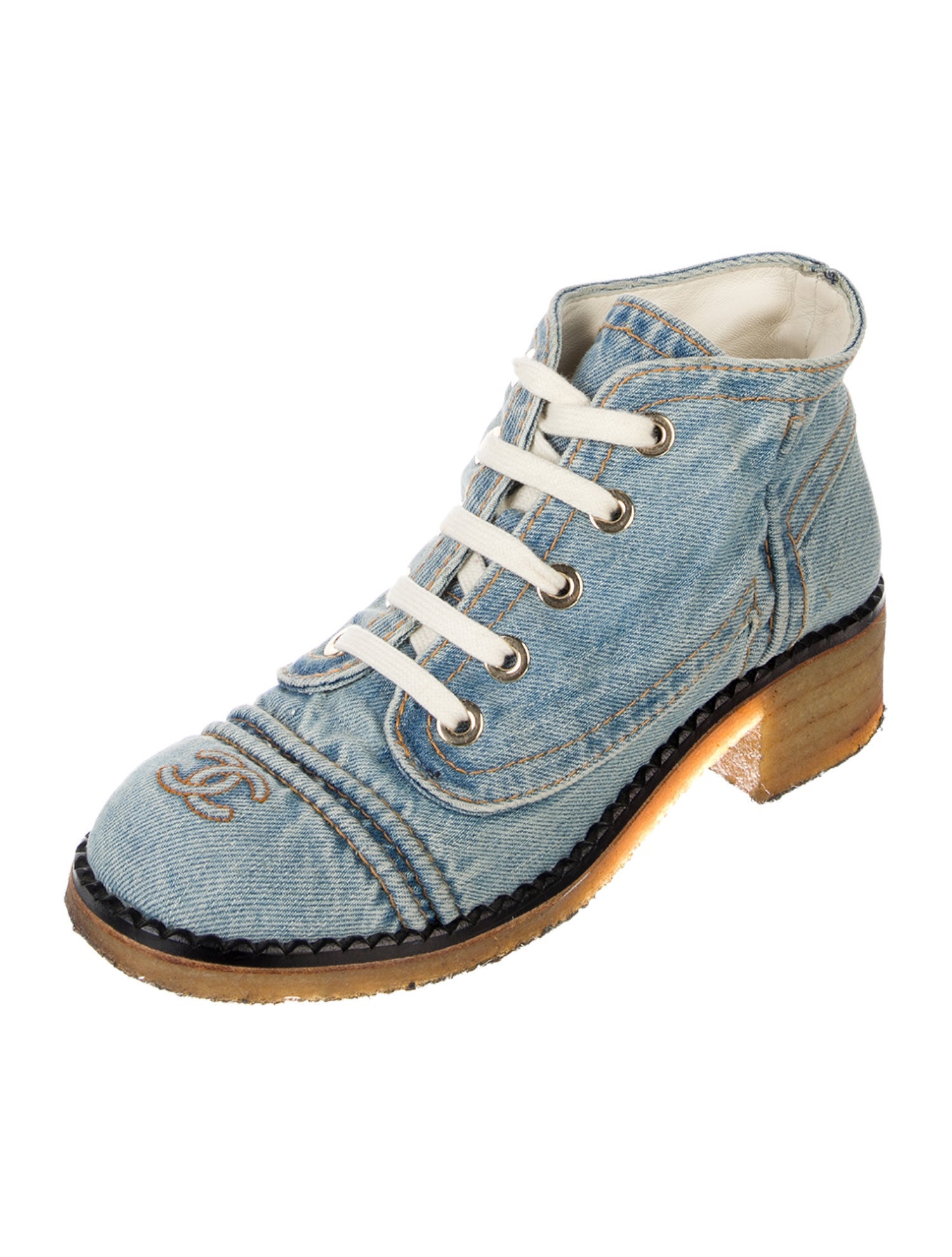 Chanel Interlocking CC Logo Denim Lace-Up Boots