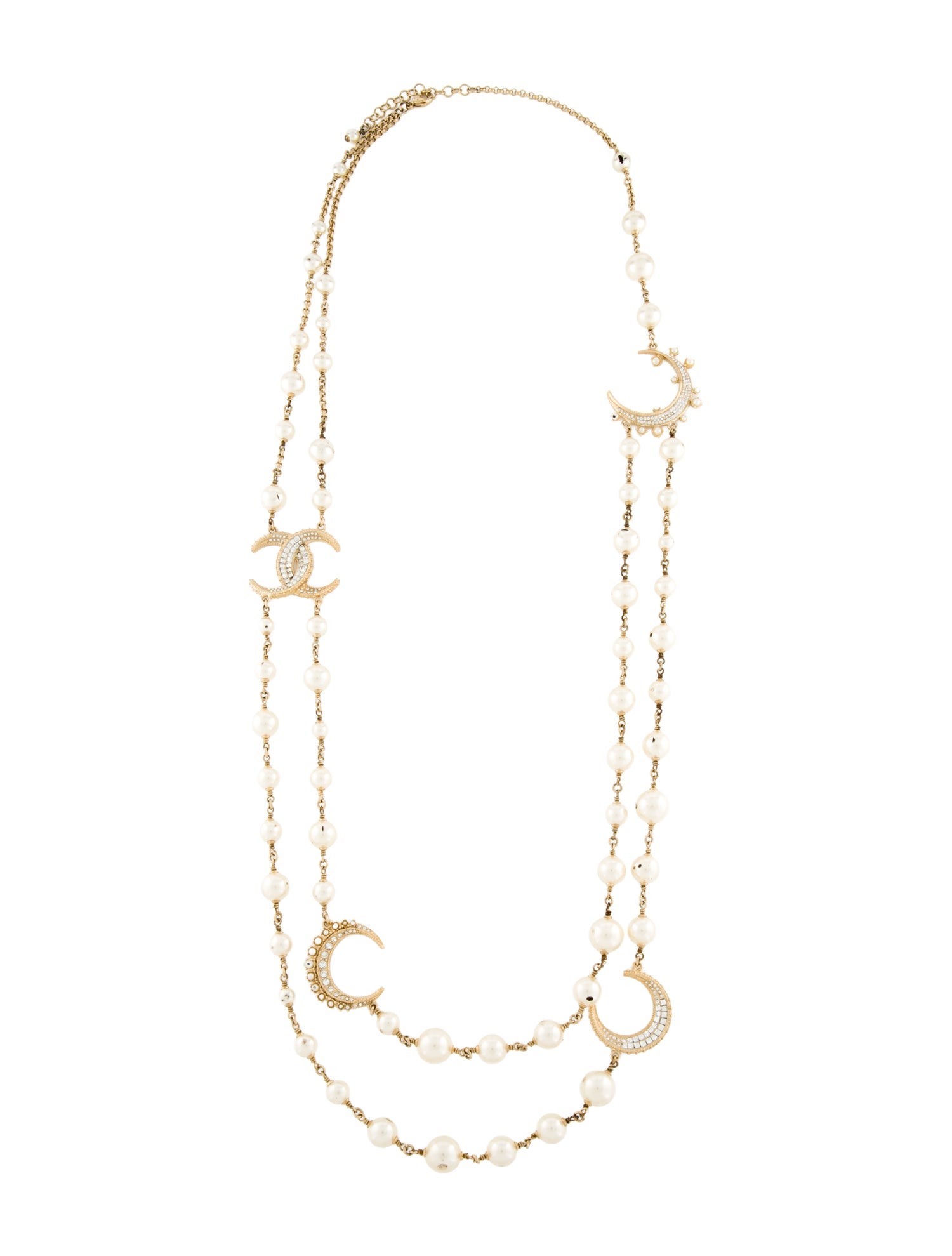Chanel Faux Pearl & Srass CC Crescent Moon Multistrand Necklace