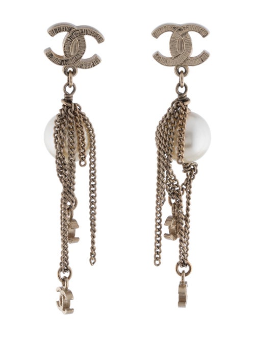 Chanel Faux Pearl Tassel CC Earrings