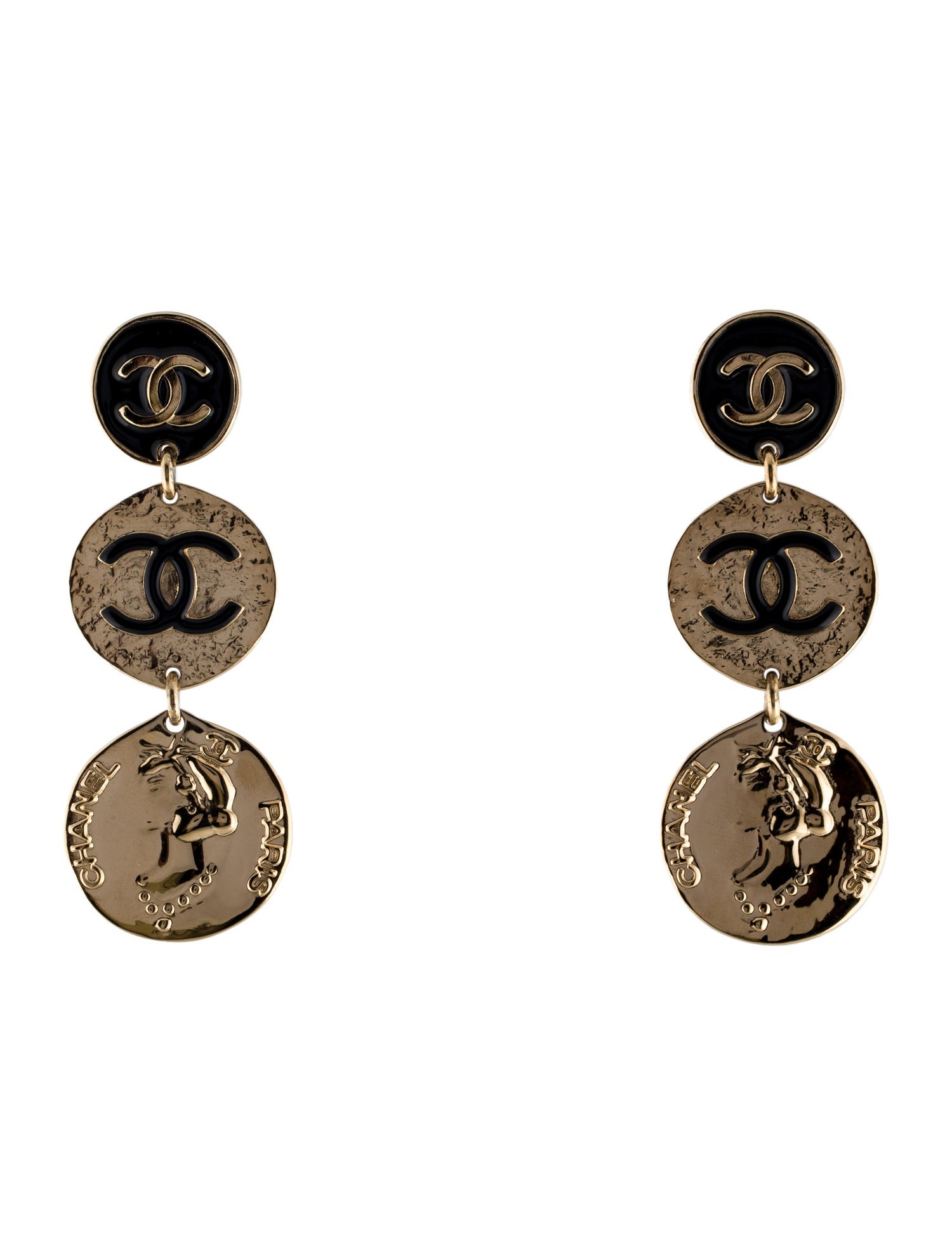 Chanel Enamel CC Mademoiselle Medallion Drop Earrings