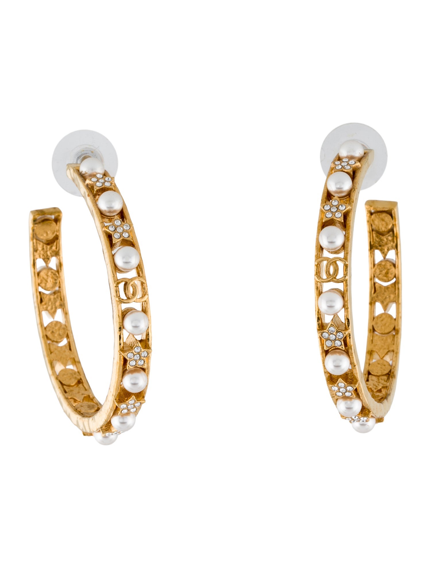 Chanel 2020 Faux Pearl & Strass CC Logo Hoop Earrings