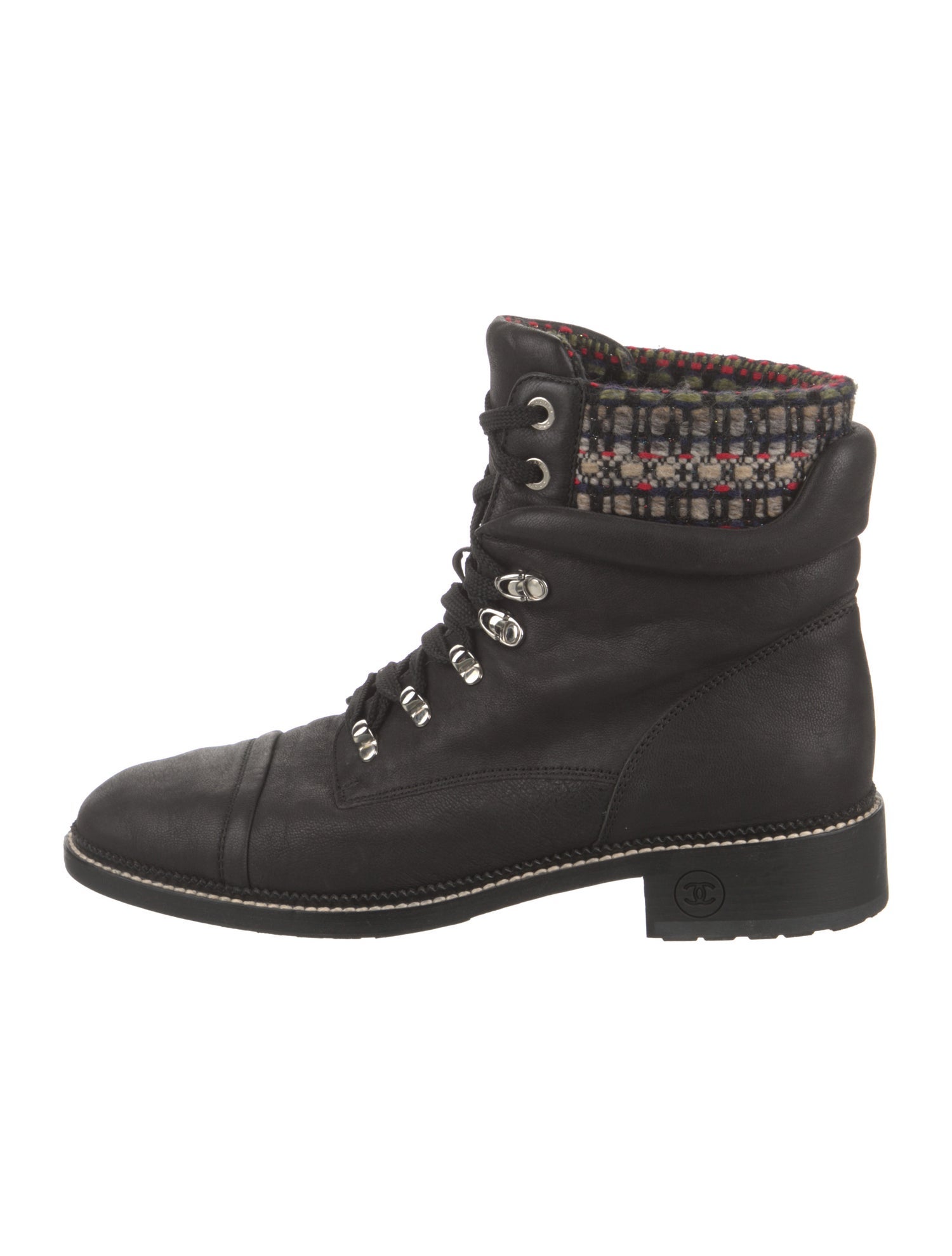 Chanel Tweed Pattern Leather Lace-Up Boots