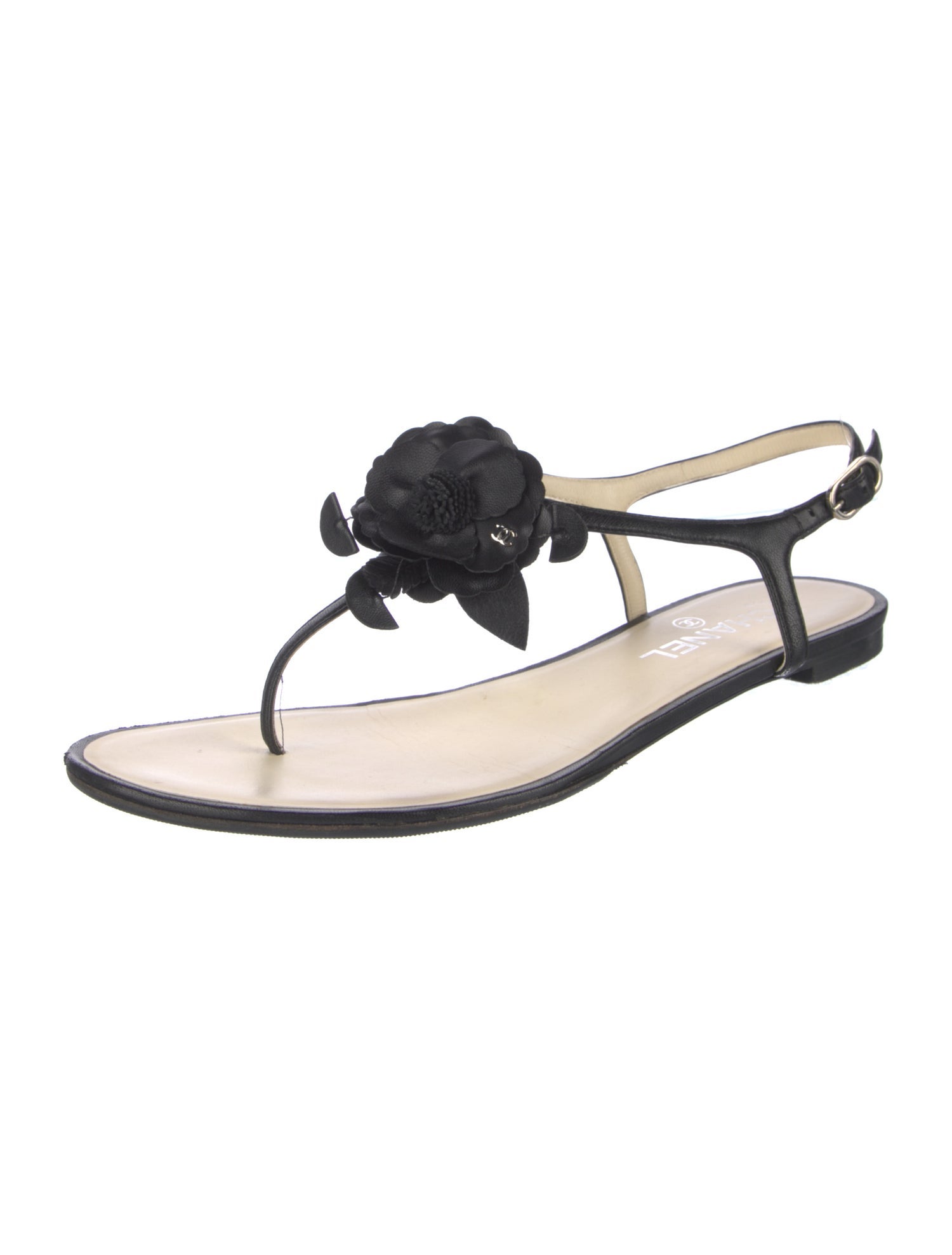 Chanel Interlocking CC Logo Lambskin T-Strap Sandals