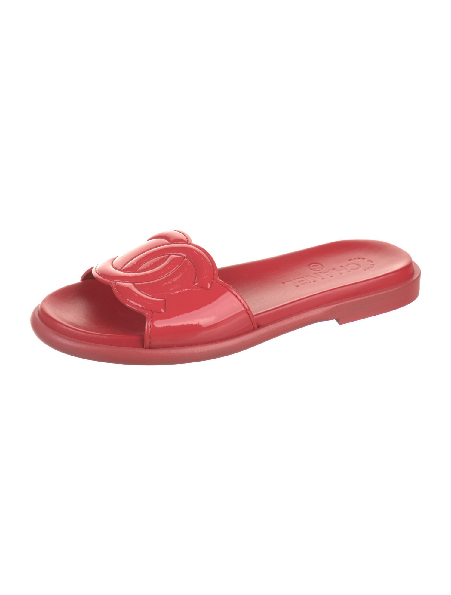 Chanel Interlocking CC Logo Patent Leather Slides
