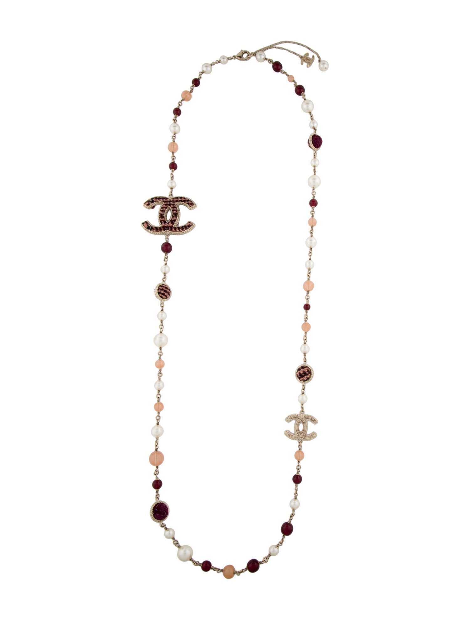 Chanel Faux Pearl, Tweed & Bead CC Station Necklace