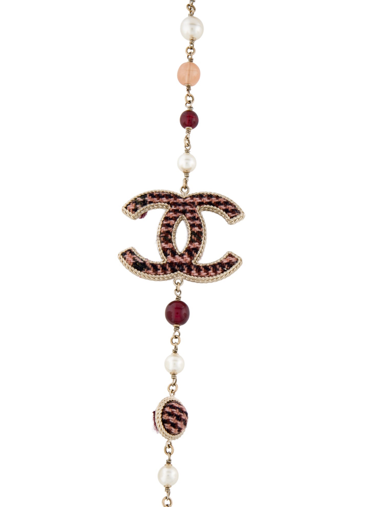 Chanel Faux Pearl, Tweed & Bead CC Station Necklace