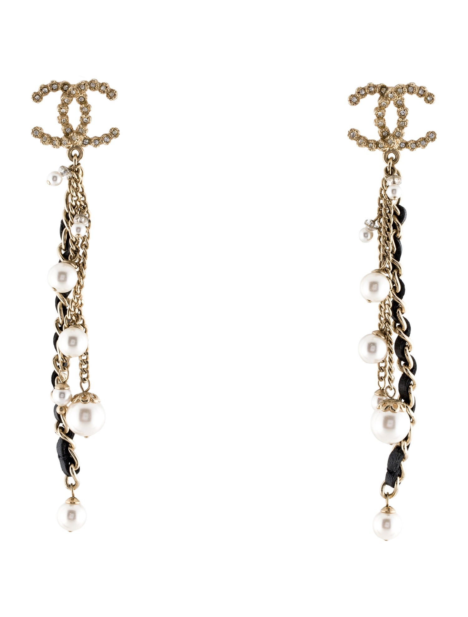 Chanel Faux Pearl Leather, & Strass CC Drop Earrings