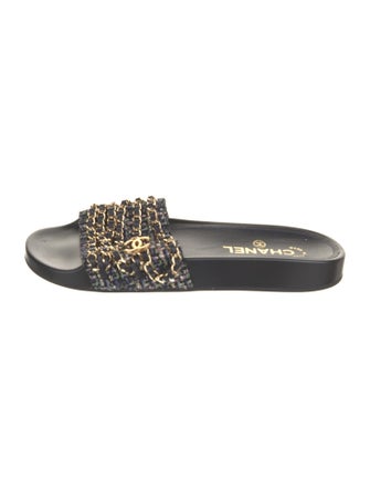 Chanel Interlocking CC Logo Tweed Slides