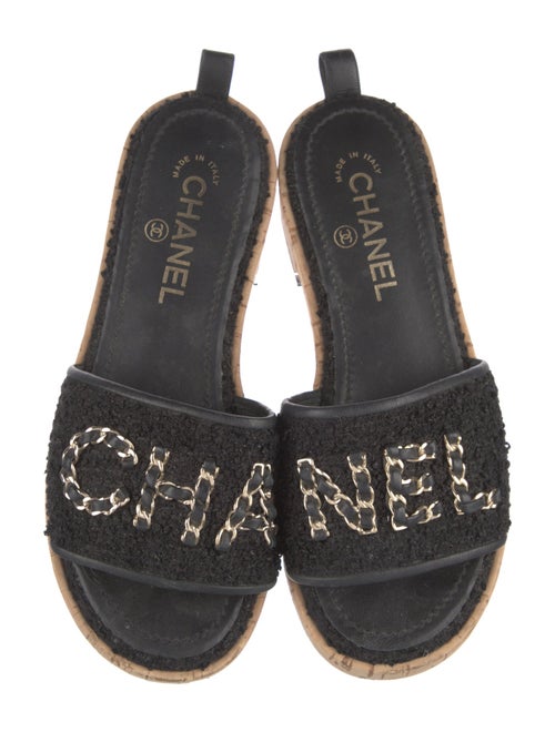 Chanel Interlocking CC Logo Tweed Slides