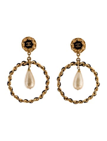 Chanel Clip-On Vintage Faux Pearl & Leather Drop Earrings