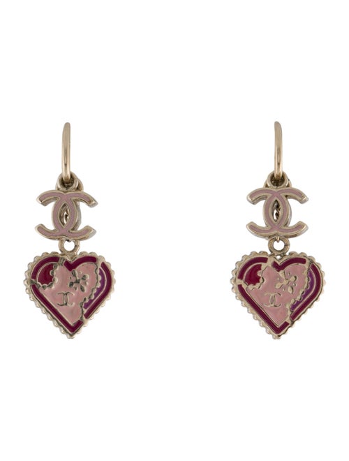 Chanel Enamel CC Heart Drop Earrings
