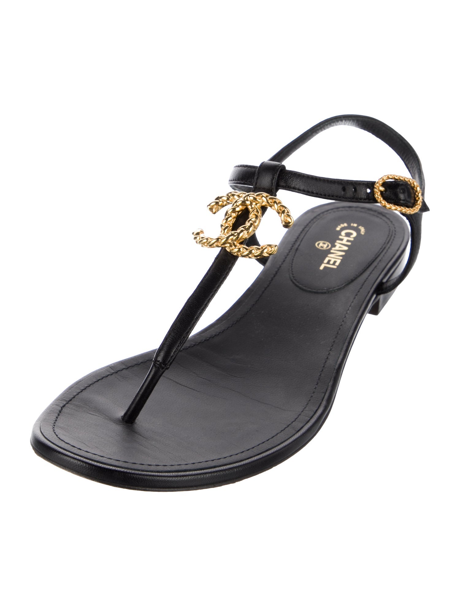 Chanel Interlocking CC Logo Leather T-Strap Sandals