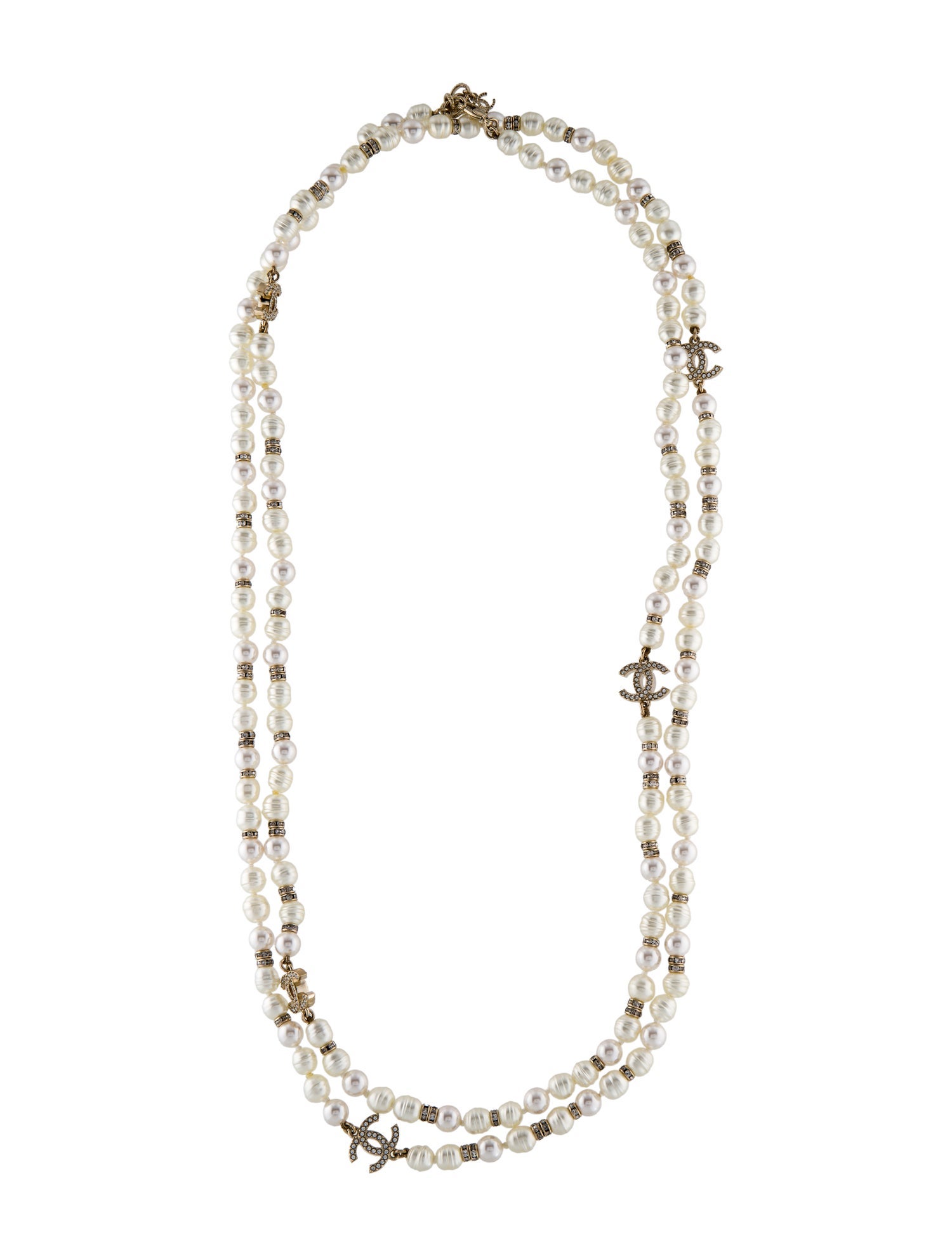Chanel 2023 Faux Pearl & Strass Long CC Logo Station Necklace