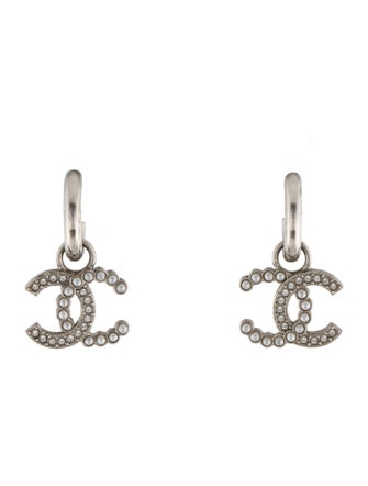 Chanel 2024 Faux Pearl & Strass CC Drop Hoop Earrings