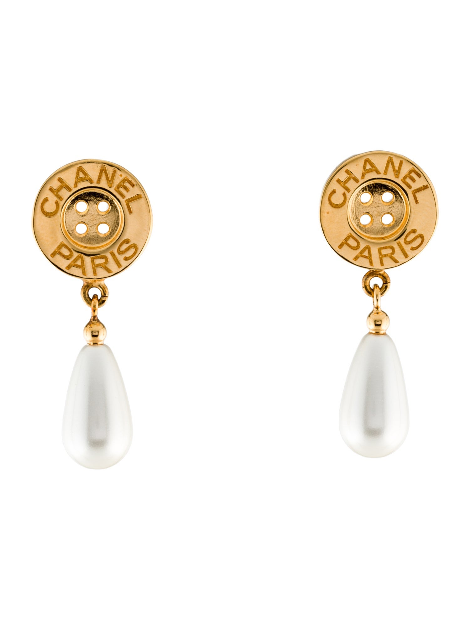Chanel Faux Pearl Button Drop Earrings