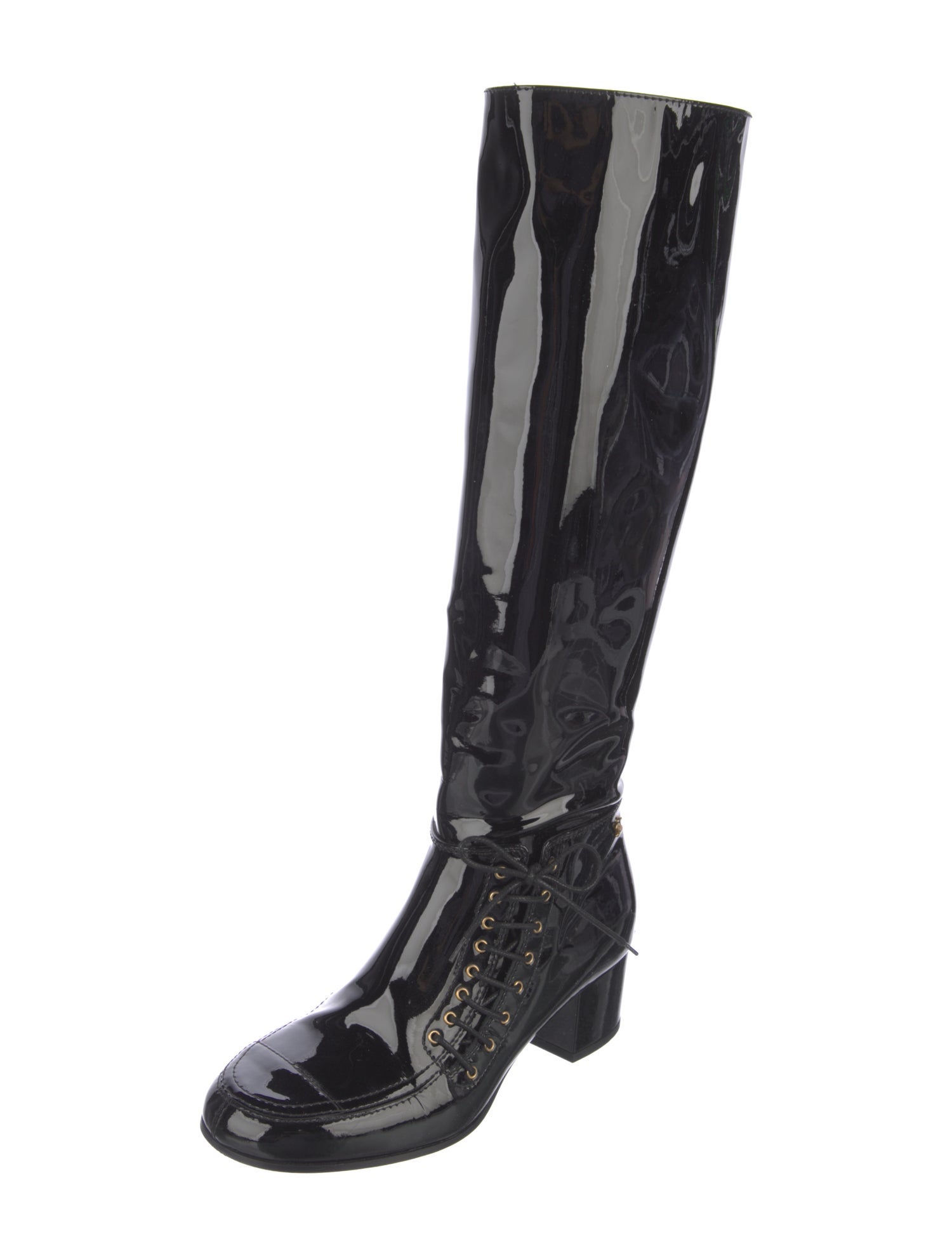 Chanel Interlocking CC Logo Patent Leather Riding Boots