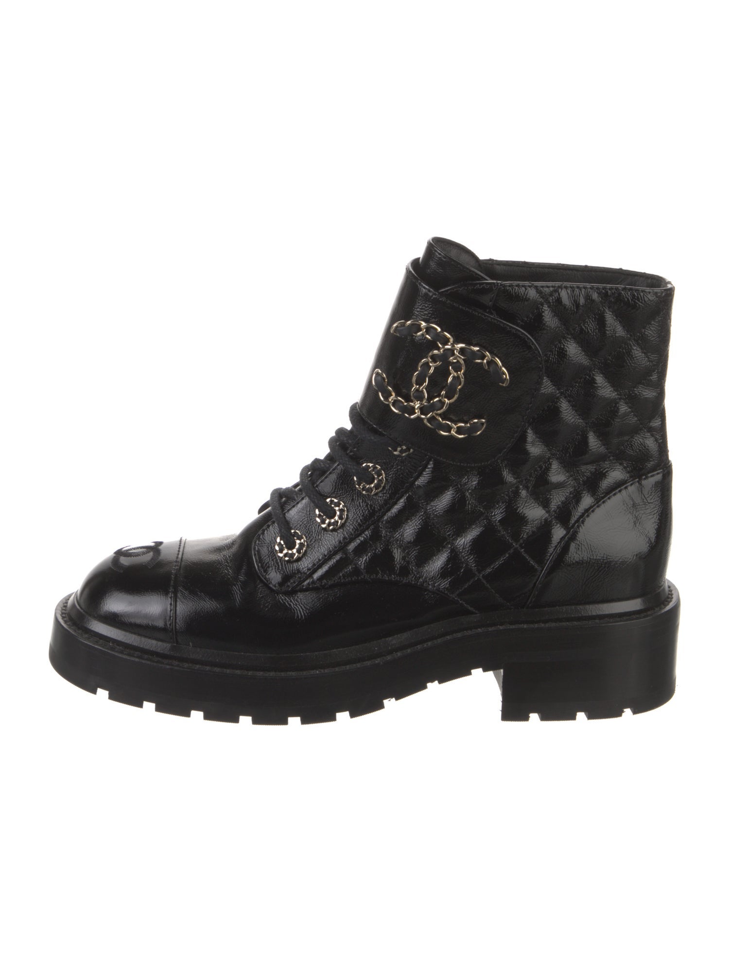 Chanel Interlocking CC Logo Patent Leather Combat Boots