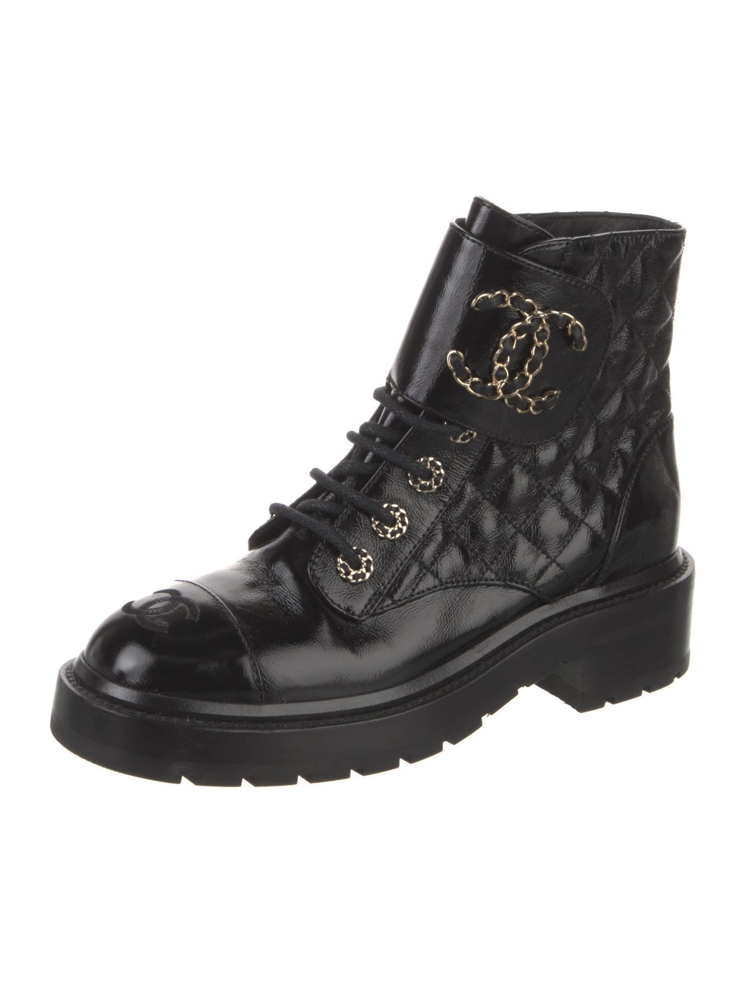 Chanel Interlocking CC Logo Patent Leather Combat Boots