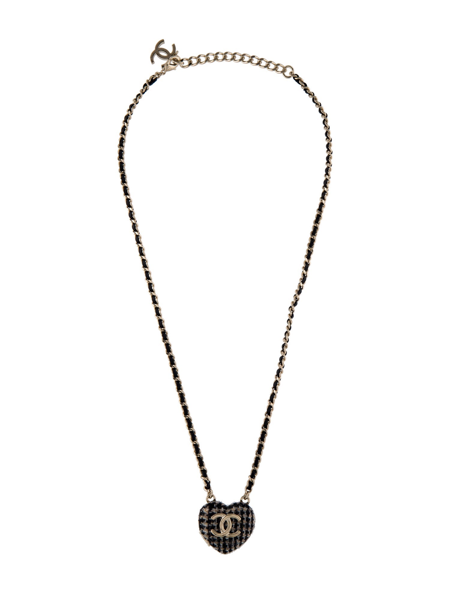 Chanel 2022 Leather, Tweed & Resin CC Heart Mirror Locket Necklace