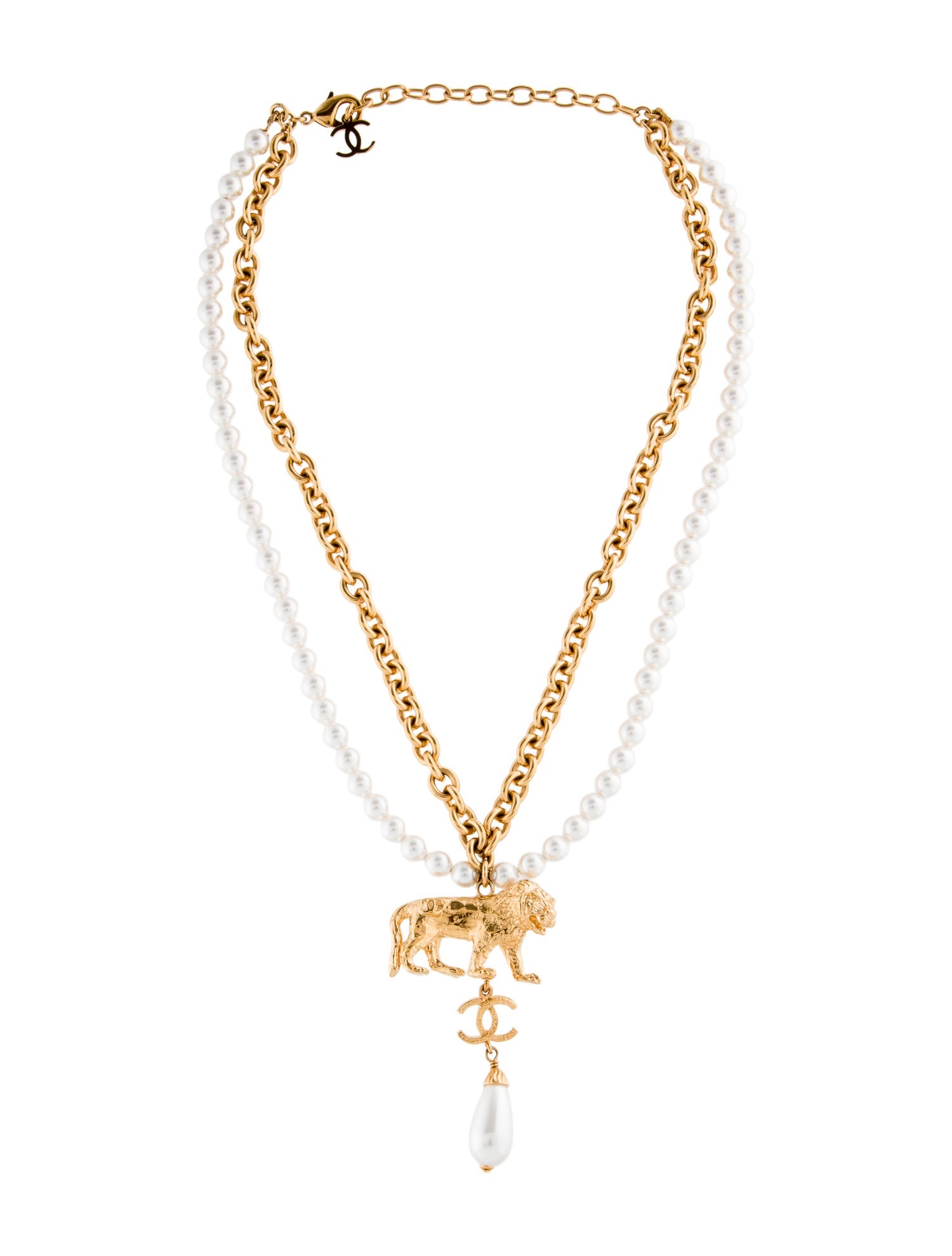 Chanel 2022 Faux Pearl Lion Pendant Double Strand Necklace