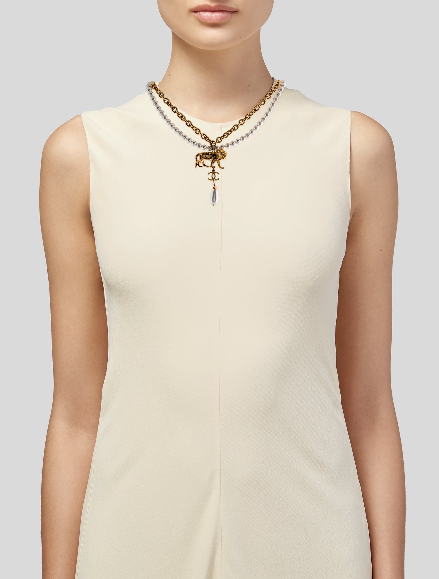 Chanel 2022 Faux Pearl Lion Pendant Double Strand Necklace