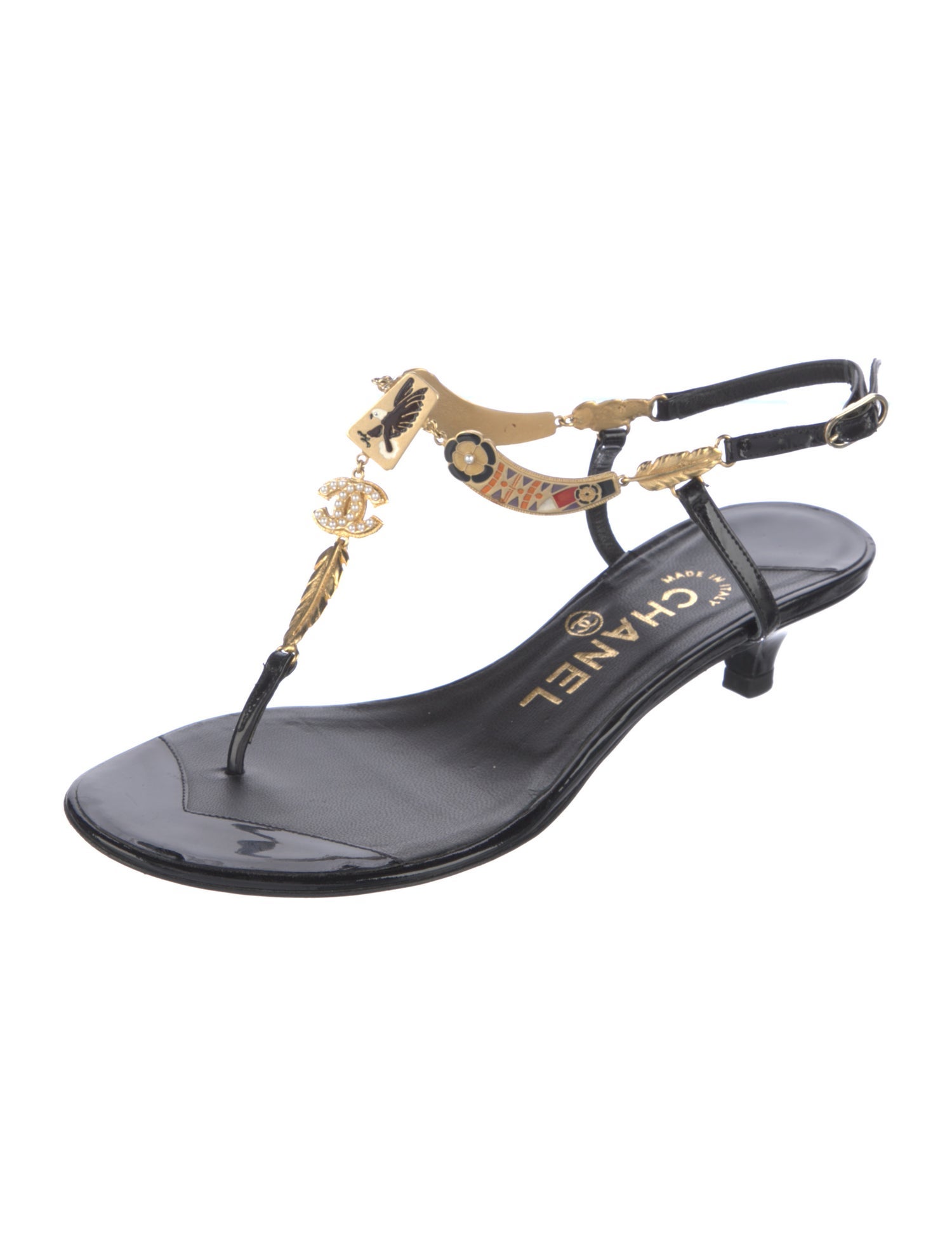 Chanel Interlocking CC Logo Patent Leather T-Strap Sandals