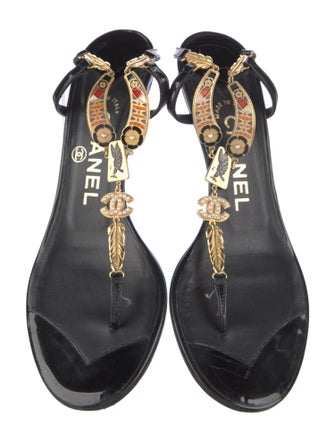 Chanel Interlocking CC Logo Patent Leather T-Strap Sandals