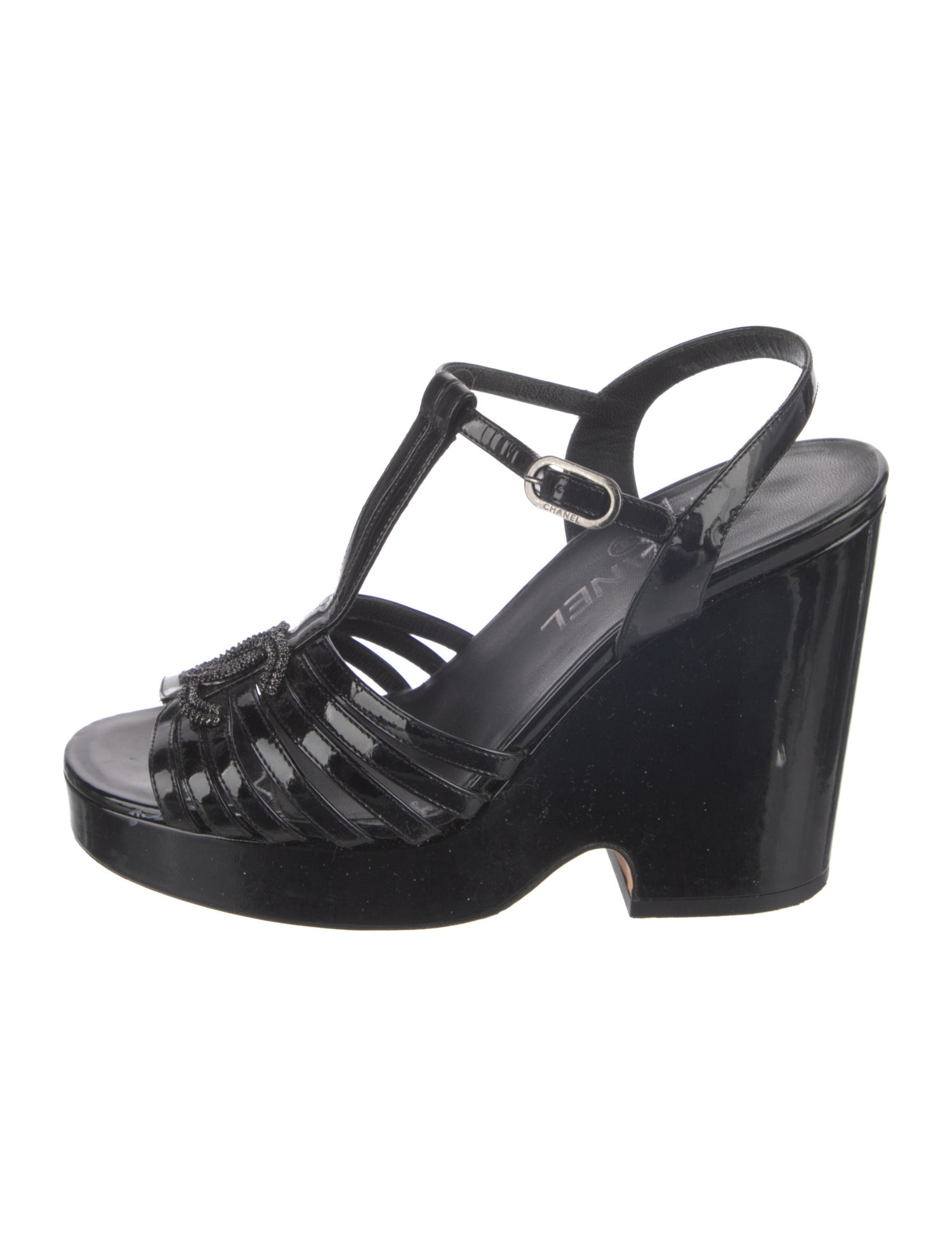 Chanel Interlocking CC Logo Patent Leather T-Strap Sandals