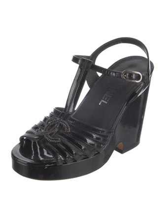 Chanel Interlocking CC Logo Patent Leather T-Strap Sandals