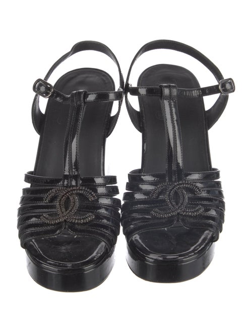 Chanel Interlocking CC Logo Patent Leather T-Strap Sandals