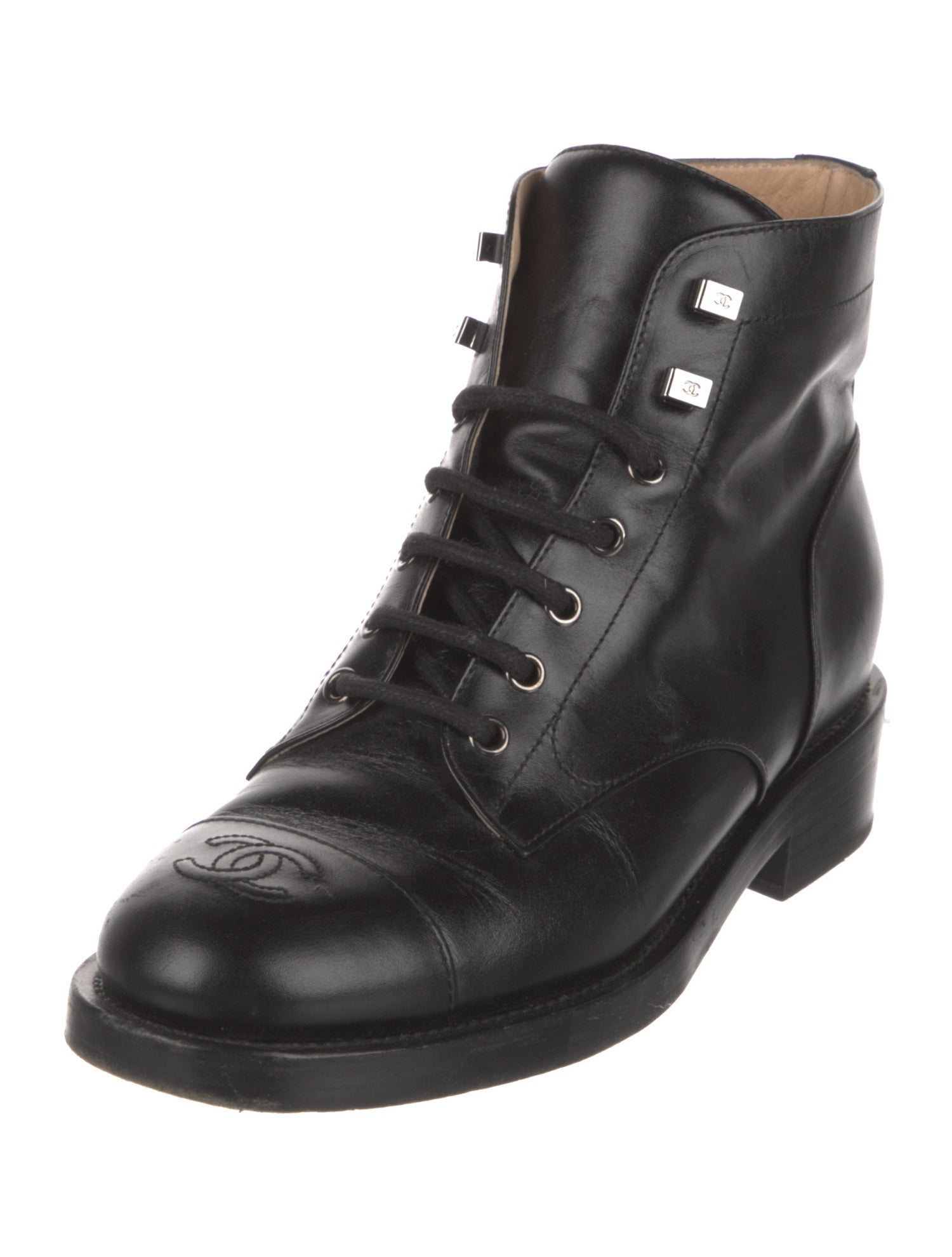 Chanel Interlocking CC Logo Leather Lace-Up Boots