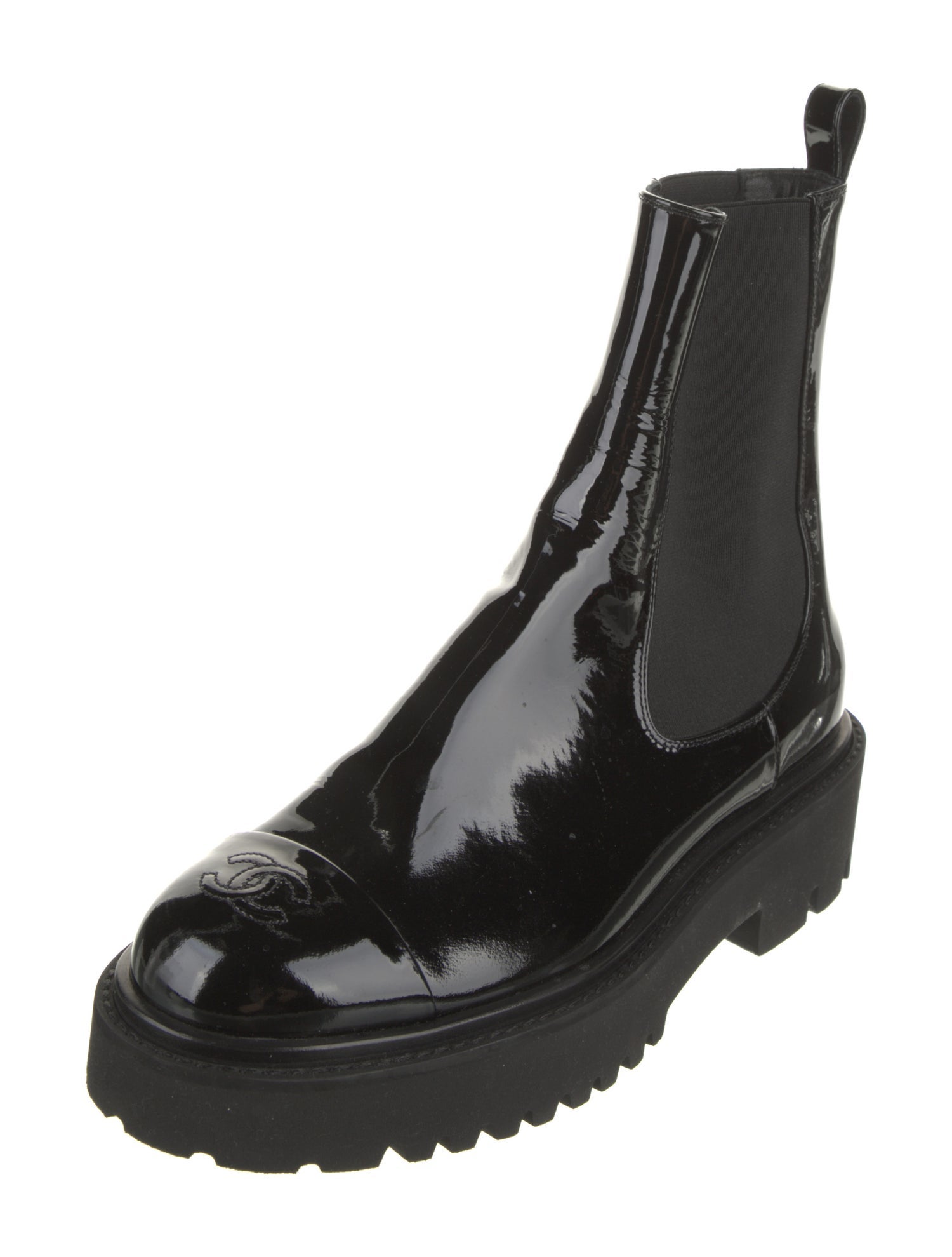 Chanel Interlocking CC Logo Patent Leather Chelsea Boots