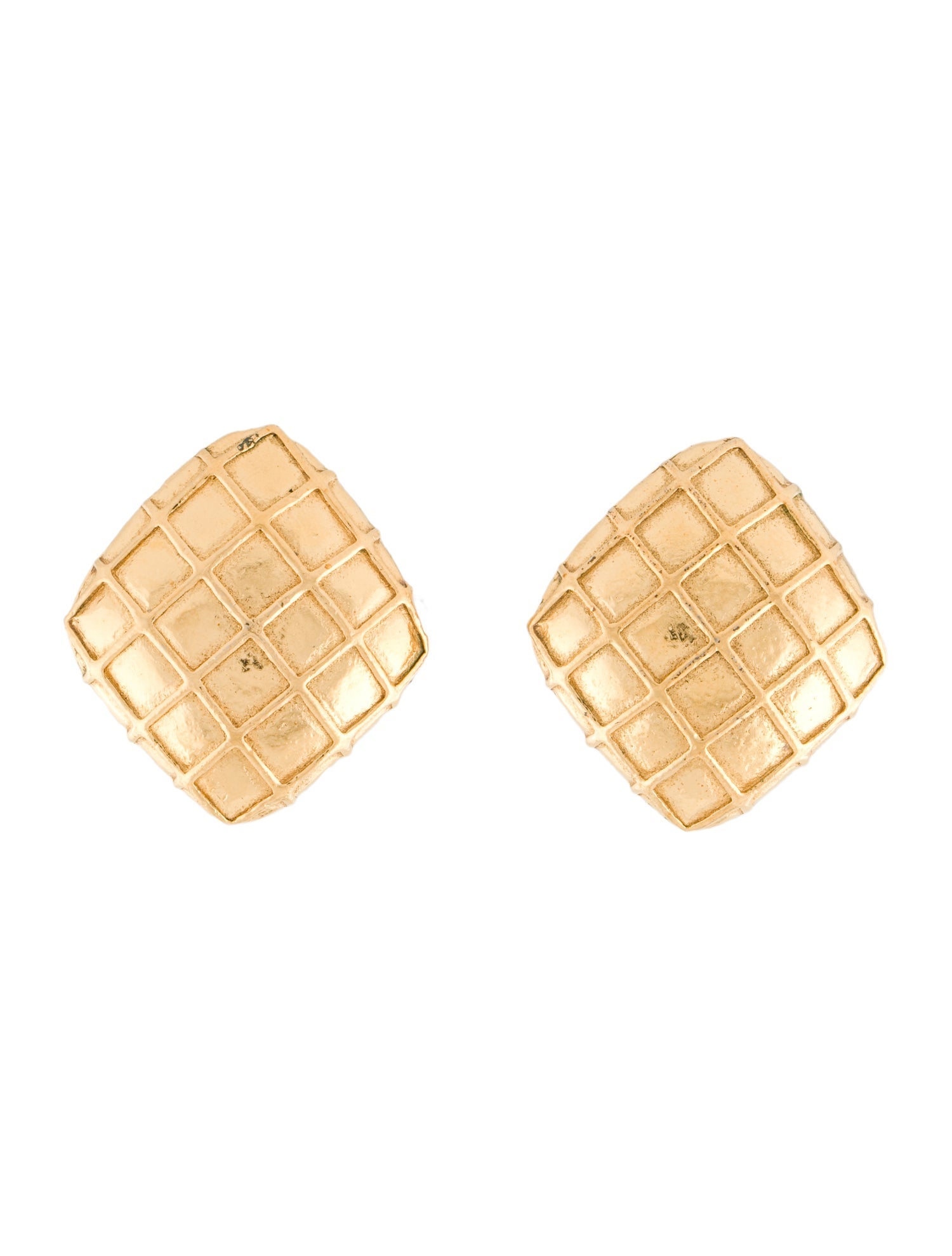 Chanel Vintage Textured Checkered Clip-On Earrings