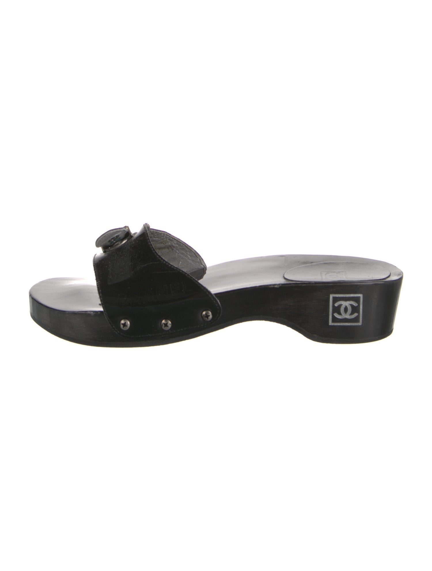 Chanel Interlocking CC Logo Patent Leather Slides