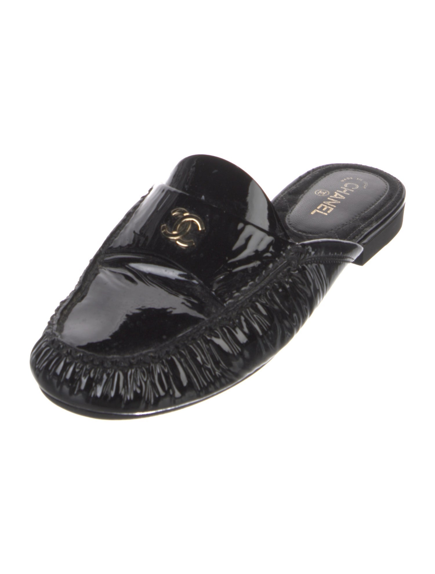 Chanel Interlocking CC Logo Patent Leather Mules